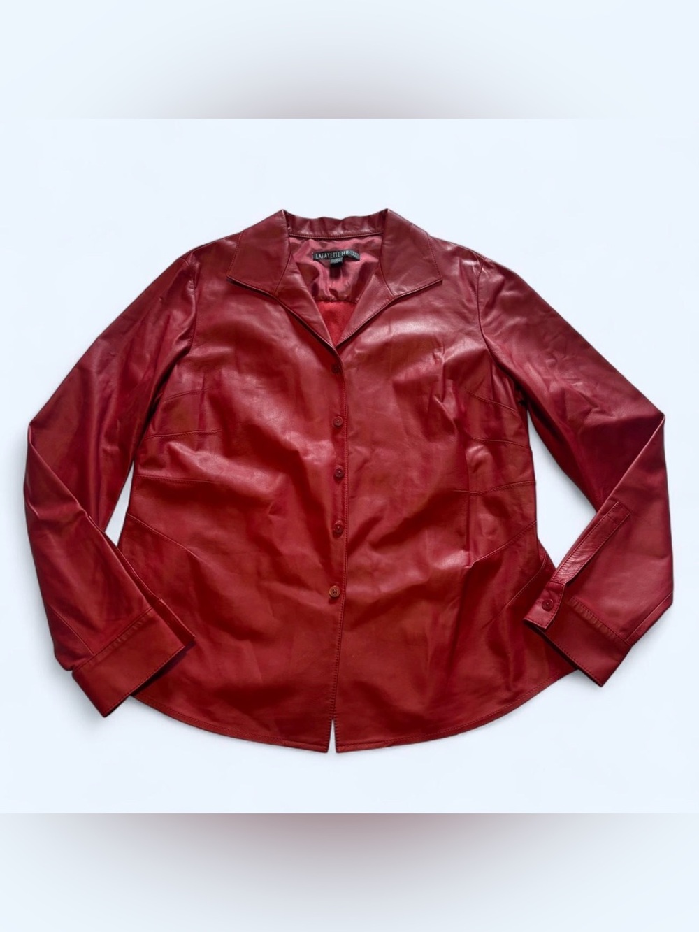 Lafayette 148 New York Red Lambskin Leather Button Up Shirt Jacket Blouse Sz 14